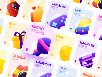 Live gift app box camera card entertainment gamepad gift icon icons illustration light bulb like live magnetic tape microphone ps rocket ufo ui