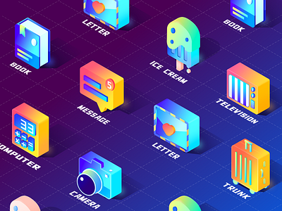Isometric Icons 2.5d book camera computer ice cream icon icons isometric letter message television trunk