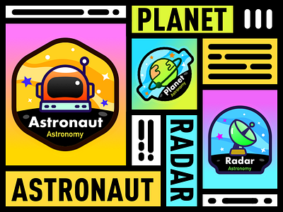UNIVERSE BADGE astronauts badge badge design black colourful icon illustration line logo planet radar space