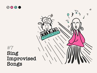 #7 - SING IMPROVISED SONGS AS MUCH AS YOU CAN affinity designer art bold girl cat creativity illustration improvisation line art meditation melody ngnvuan ojas oneness piano sing the scream visual design yoga