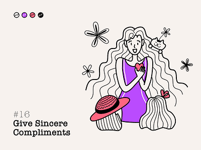 #16 - GIVE SINCERE COMPLIMENTS affinity designer cat compliments confidence cute flower heart illustration line art line art illustration meditation ngnvuan ojas oneness sincere trust vector vietnam visual design yoga
