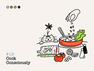 #19 - COOK CONSCIOUSLY affinity designer cat consciousness cooking illustration line art meditation ngnvuan ojas oneness vector vegetables vietnam visual design yoga