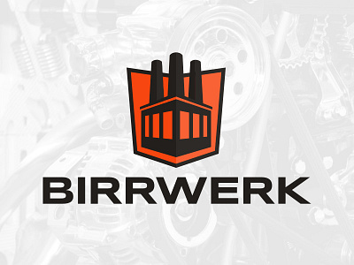 Birrwerk factory grey logo machine orange red shield signet werk