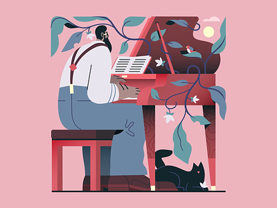 Jammin with a bird cat jazz pianist piano bird bird singing jammin with a bird jam jammin pianist illustration animation 2d gif motiondesign animation after effects 2d animation vector animation