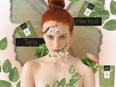 Digital collage for advertising green tea with herbs advertising advertising collage art banner collage collage surrealism designer digital collage graphic design hero photo russian social networks tea ui