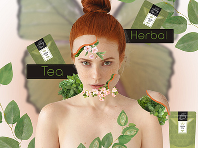 Digital collage for advertising green tea with herbs