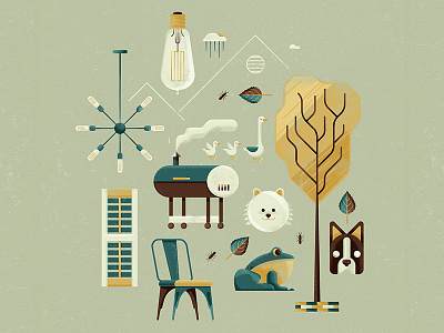 First Home chair design dogs ducks edison bulb frogs house illustration nature tree