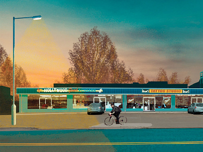 Houstonia | Ice House Strip Malls bicycle editorial houston illustration street strip mall