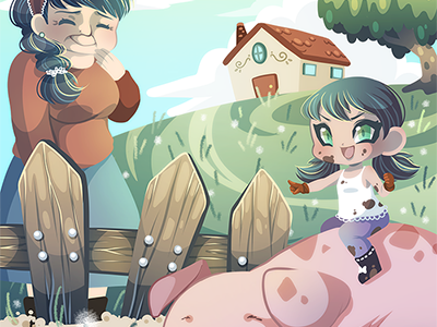 The farm children cute farm girl illustration illustrator pig