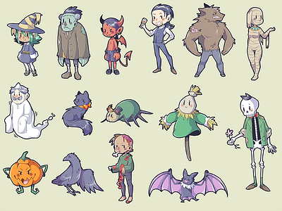 Halloween characters character design children cute devil ghost halloween vampire werewolf witch