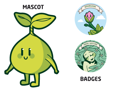 Mascot design + badges badges bio charlotte gahmia cute design dessin illustration illustrator mascot plant vector vectoriel