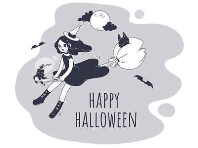 Halloween 2018 black cat cute dessin drawing flat graphic design halloween illustration witch