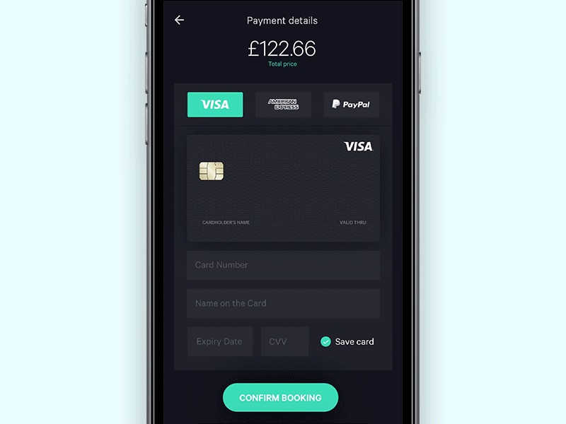 Payment for flight app app booking card clean dark flight interaction ios payment simple ui ux
