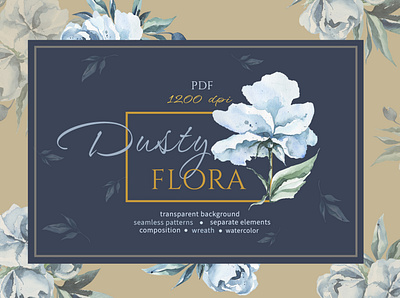 Set of watercolor dusty blue peonies branding design illustration typography акварель