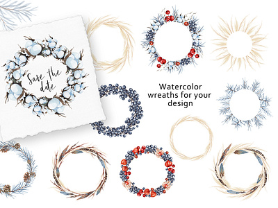 Set of watercolor wreaths. High quality and transpare branding design illustration typography акварель вінок паттерн