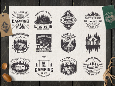 Adventure Quotes adventure badge camp campfire camping canoe logo mountain outdoor tent vector