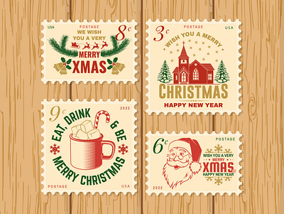 Christmas and Happy New Year retro postage stamp badge christmas graphic design logo postage stamp retro xmas