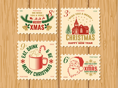 Christmas and Happy New Year retro postage stamp