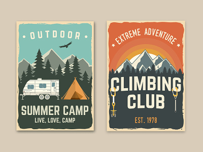 Outdoor Adventure Posters adventure badge banner camp camping climb climbing design illustration logo mountain outdoor patch poster rock tent vector