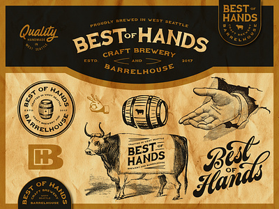 Best of Hands Brewery & Barrelhouse barrel beer branding brewery cow craft beer flash sheet logos typography vintage
