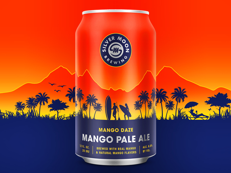 Silver Moon Mango Daze beach beer brewery can craft beer gradient illustration mango package design packaging silhoutte sun surf