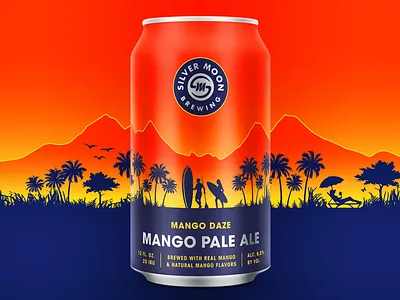 Silver Moon Mango Daze beach beer brewery can craft beer gradient illustration mango package design packaging silhoutte sun surf