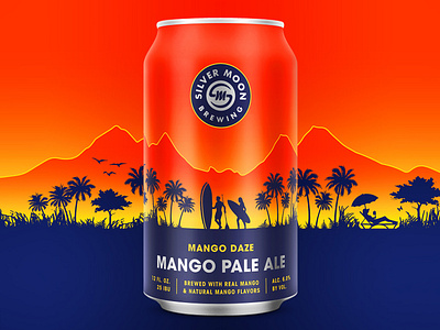 Silver Moon Mango Daze beach beer brewery can craft beer gradient illustration mango package design packaging silhoutte sun surf