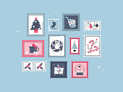 Christmas Stamps christmas cocoa color holiday holly illustration new year postage postcard snow snow globe stamps tree vector