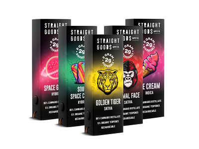 Straight Goods Supply packaking design animal black branding branding package cannabis characters design disposable vape pen gorilla graphic design ice cream icon illustrations logo modern package sour space tiger