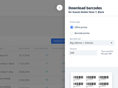 Download Barcodes admin panel barcode interface menu popup print select slide table ui ux ux design