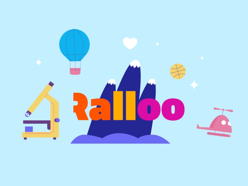 Ralloo Logo animation baloon basketball explainer flat funny heart helicopter illustration logotype microscope mountain