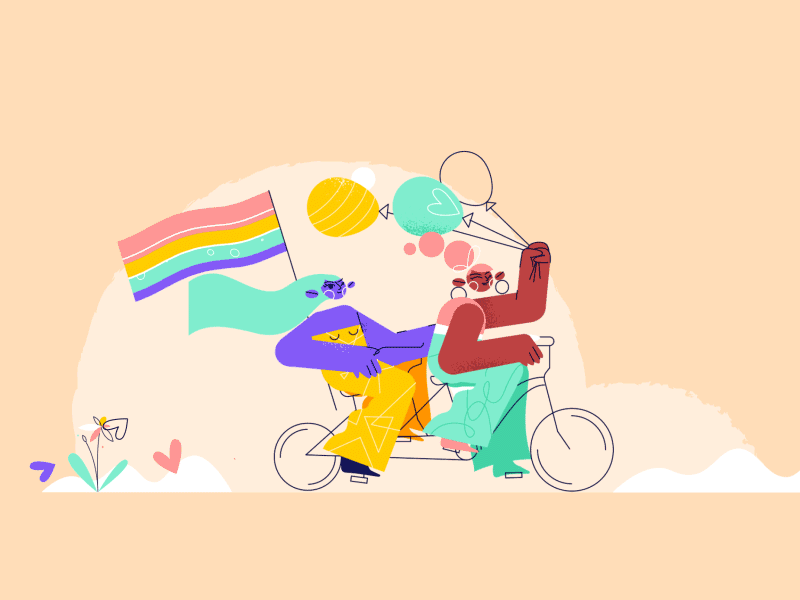 bicycle 2d animation bicycle bike bikers character explainer flat girls illustration pride rainbow