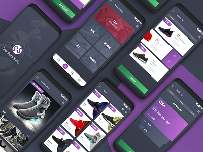 Sneaker Shop app adidas app app concept cards cards ui dark ecommerce gray mobile nike shop sneakers ui violet