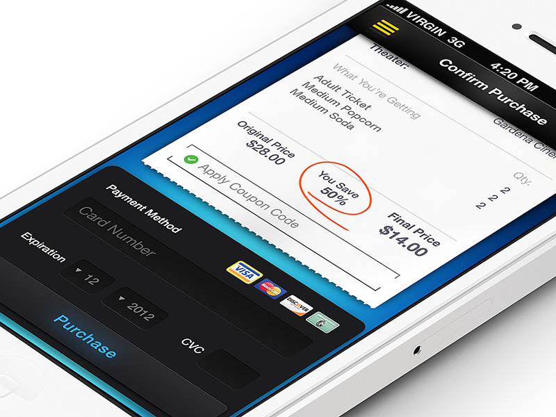 Confirm Purchase Screen and Full Project Review ui app iphone slide movie showtime ticket