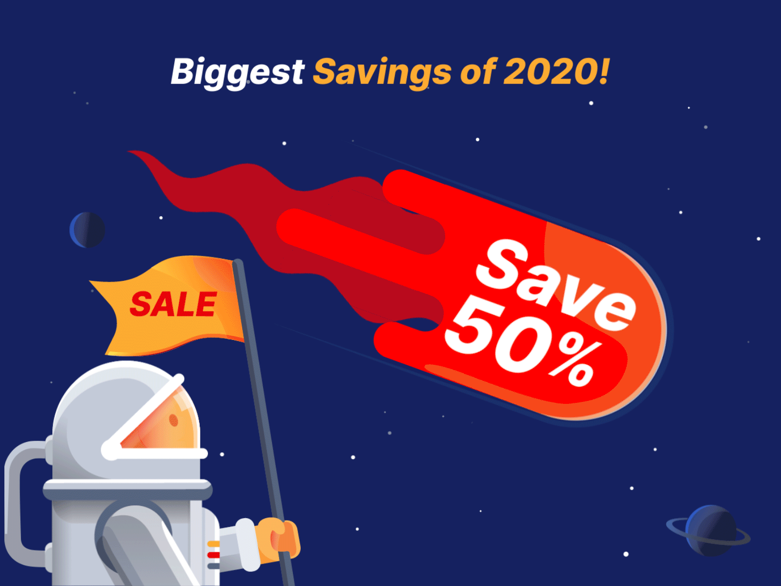 End Of Year 2020 Sale astroid astronaut end of year sale gif loop animation meteor planet sale sale banner space stars