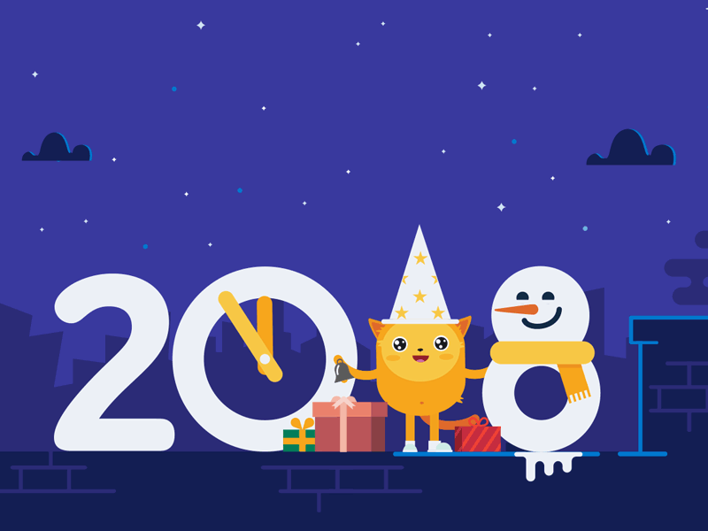 Celebrating 2018 new year 2018 building roof cat celebrating 2018 celebration christmas gif gif animation jotform new year podo time