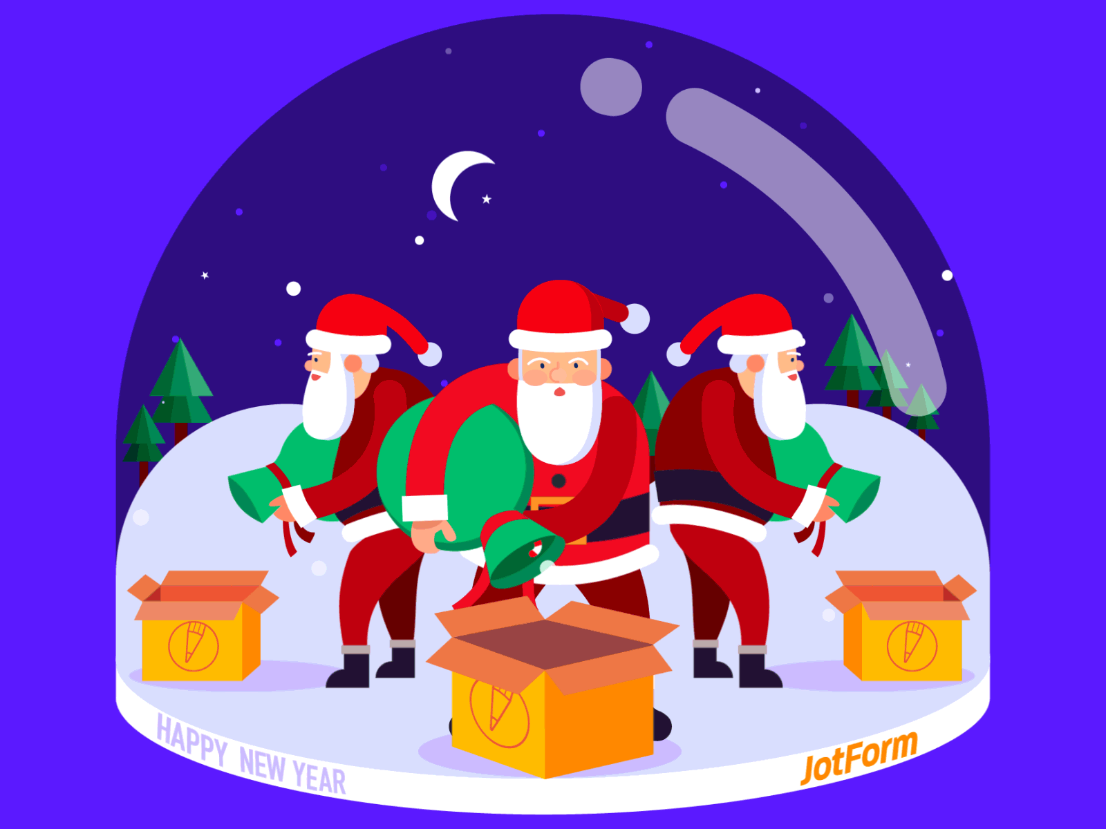 Santa's are preparing to deliver presents candy celebrating new year christmas ornaments gif animation gift box happy new year happy santas jotform loop animation ornaments santa snow day snow globe snow white snowy winter