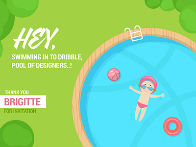 Debut - Swimming in to pool debut design dribbble first shot graphic illustration invite pool shot summer thank you