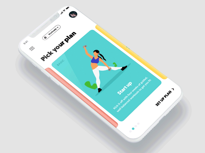 Pick your exercise plan Interaction aamir mansuri animation app card clay dashboard design exercise fitness form illustration interaction iphonex mobile onboarding setup ui ux workout