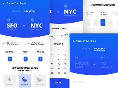 Flight Booking Process app blue booking app booking form booking system checkout choose dashboard flat icons ios mobile mobile app planes seats tickets transport travel ui ux