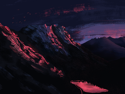 Red lit Mountain sunset digital digital painting illustration landscape mountains photoshop sunset