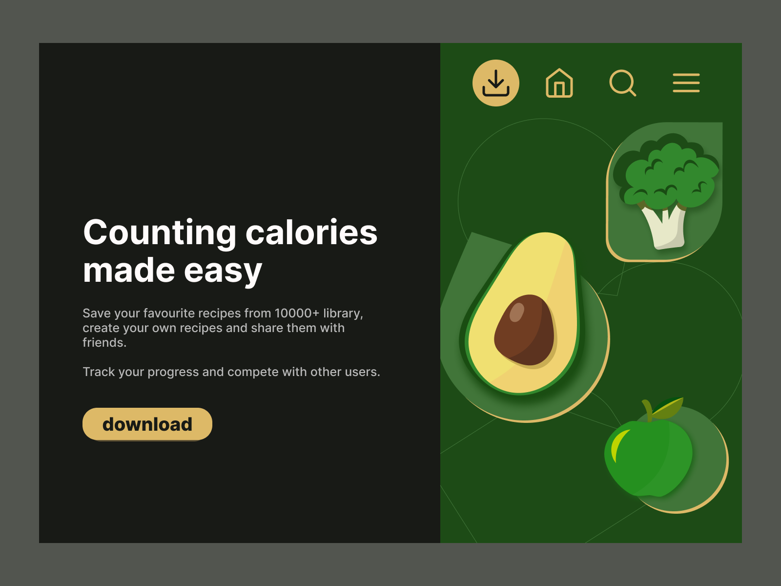 Calorie Counter App download page by Глеб Матвейчук on Dribbble