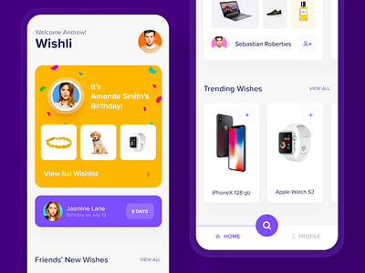 Wishli | Home Page account alert app birthday board clean home page homepage main main page mainpage material design navigation navigation bar notification profile reminder simple ux ui