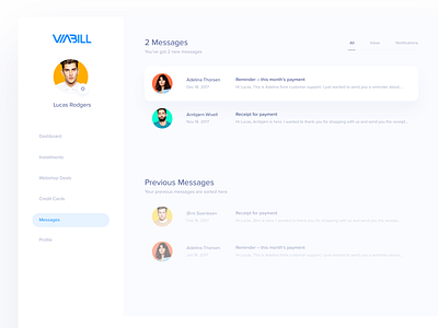 Viabill - Messages account clean dashboard email inbox list mail message messages note profile simple