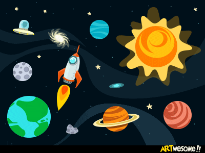 Cartoon Outer Space Objects cartoon doodle illustration outer space planet rocket ufo