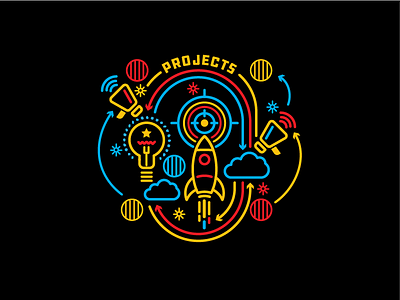 Creative Projects Center Line Illustration blue creative event icon illustration lamp megaphone project red rocket website yellow