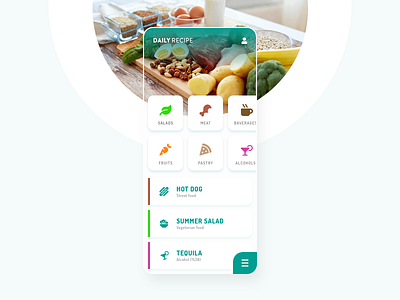 Daily Recipe app branding carrot daily design food fresh green meal meat mobile omnivor recipe recipe app space ui vegan vegan app vegetarian white