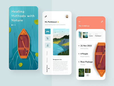 Healing Travel App app design booking canoe graphic design healing list menu modern nature package promo river side menu slide splash text ticket transportation travel ui