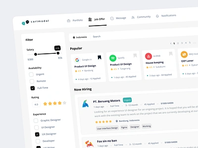 Carimodal - Job Marketplace 🔥 career employment filter find job freelance hiring job job board job dashboard job finder job listing job offer job portal job seeker list marketing marketplace recruitment website work finder