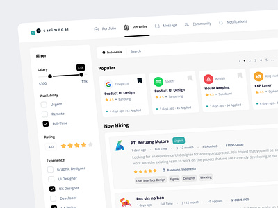 Carimodal - Job Marketplace 🔥 career employment filter find job freelance hiring job job board job dashboard job finder job listing job offer job portal job seeker list marketing marketplace recruitment website work finder